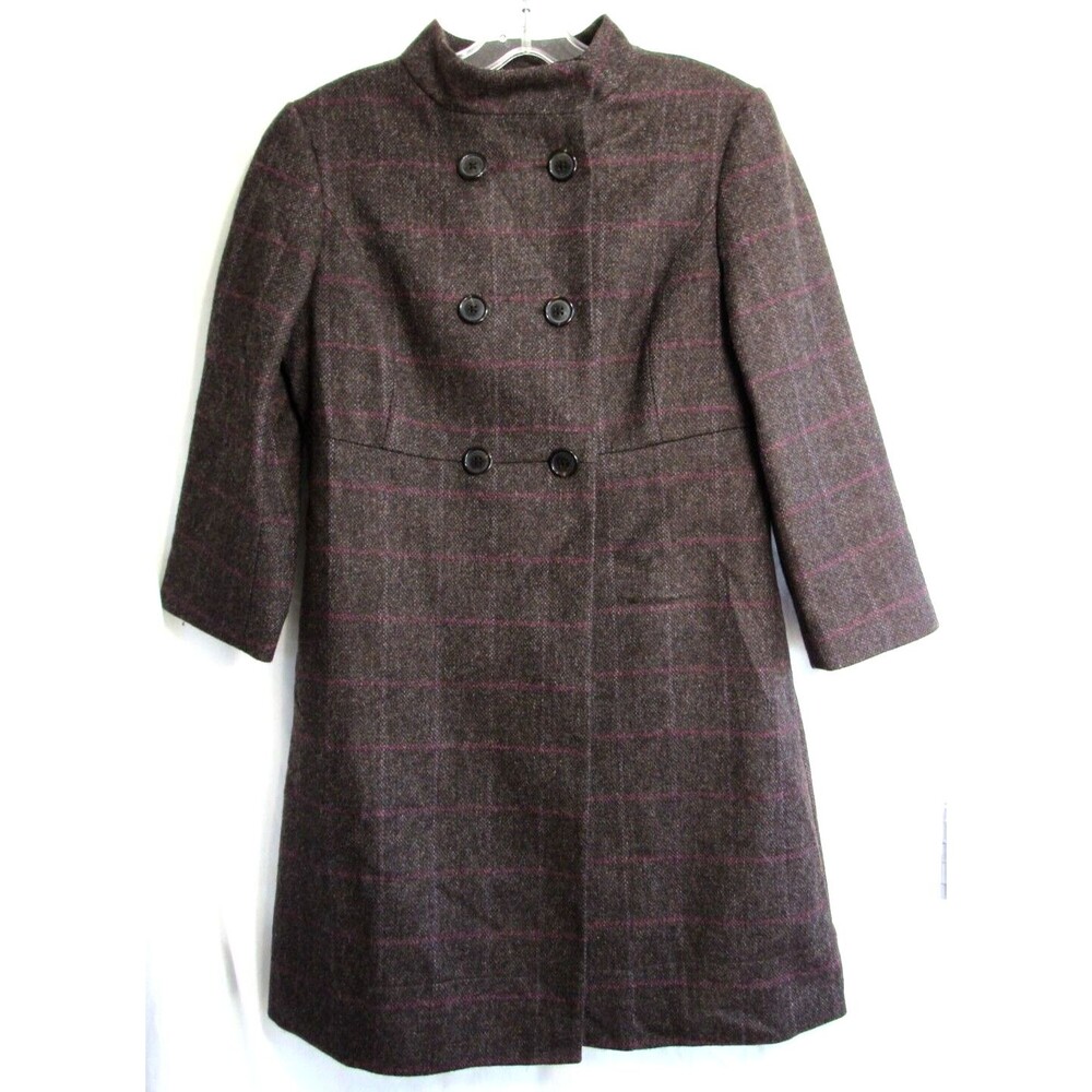 Brooks Brothers Robert Noble Brown Plaid Wool 3/4 Sleeve Lined Coat Size 6 EUC
